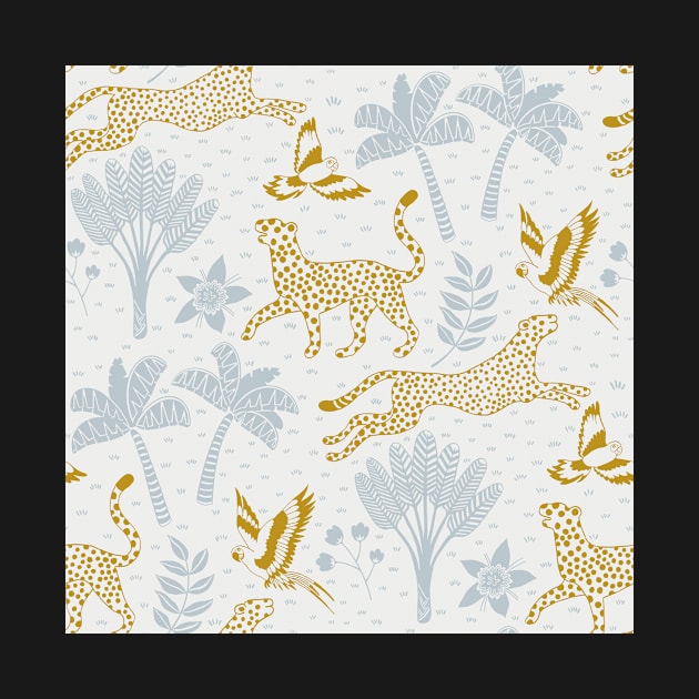 cheetahs and parrots in the jungle | bluish gray and gold | repeat pattern by colorofmagic