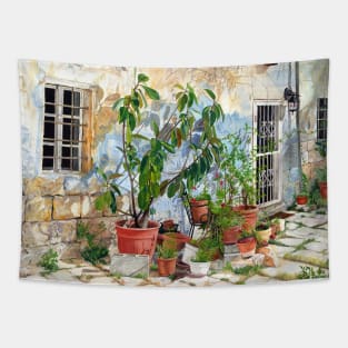 Jerusalem courtyard oil on canvas Tapestry