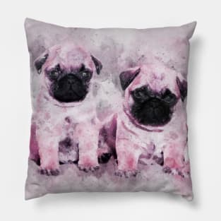 Pink Pug Puppies. Dog Watercolor Portrait 01 Pillow