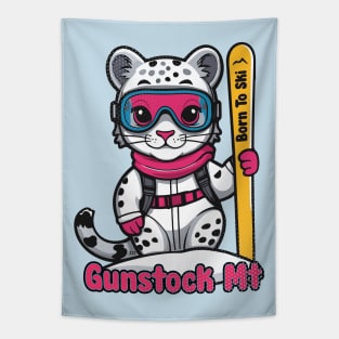 Cute Snow Leopard Skiing Gunstock Mountain Tapestry