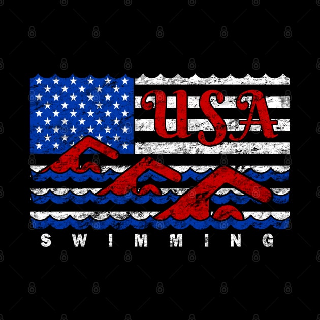 Swiming American Flag USA Distressed Red White and Blue Swimming by TeeCreations