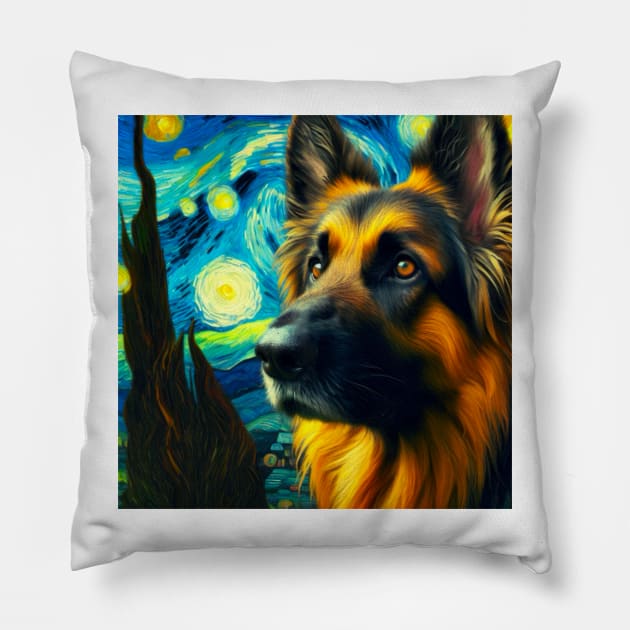 A German Shepherd’s Starry Night - Alsatian in Vincent Van Gogh Style - Contrast Pillow by Star Fragment Designs