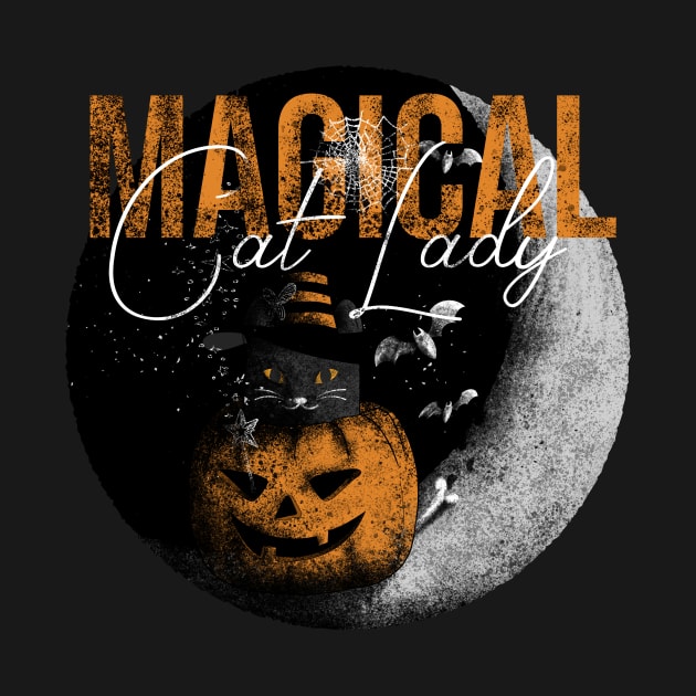 Magical Cat Lady On Vintage Halloween Pumpkin by Rishirt