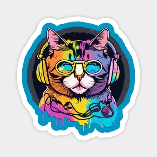 t-shirt design, colorful cat with headphones on, graffiti art psychedelic art, black background, synthwave, colorful Magnet