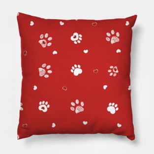 Red background with white paw prints Pillow