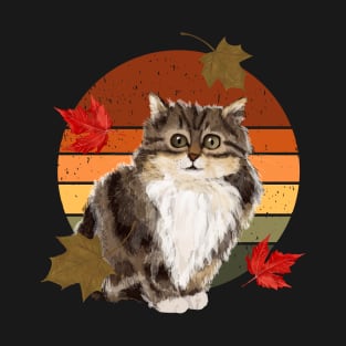 Autumn Leaves And Cat Kitty With Vintage Sunset T-Shirt