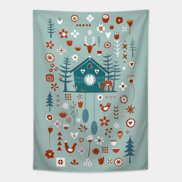 Cuckoo Clock Scandinavian Forest Art Tapestry by NicSquirrell