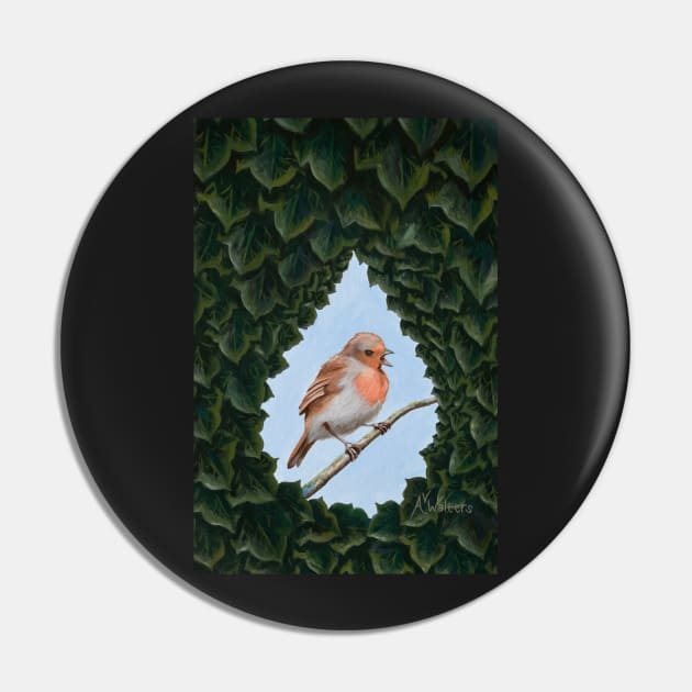 Winter Robin Seen through Opening in English Ivy Pin by AnimalWhimsy