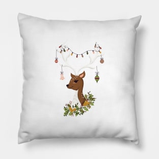 Holiday Deer with Decorations in Blush Pink Pillow