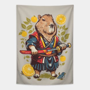 Capybara Orange | Samurai Capy Slicing an Yuzu with Katana | Capybara with Orange on Head | His Name - Gort Tapestry