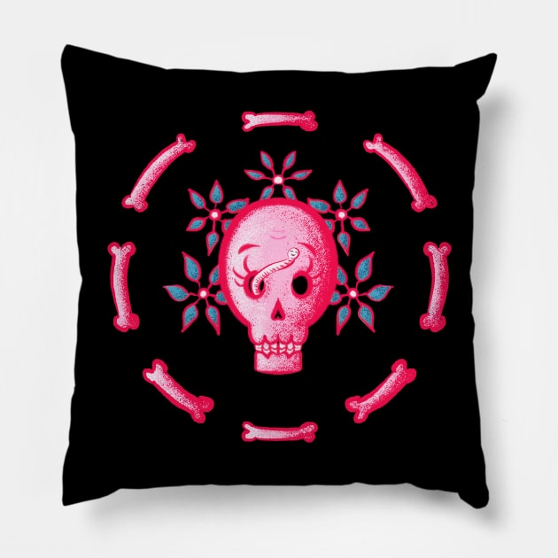 Funny Pink Skull With Flowers And Bones Pillow by Boriana Giormova