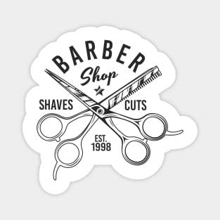 Barbershop print with scissors. Monochrome retro design. Magnet