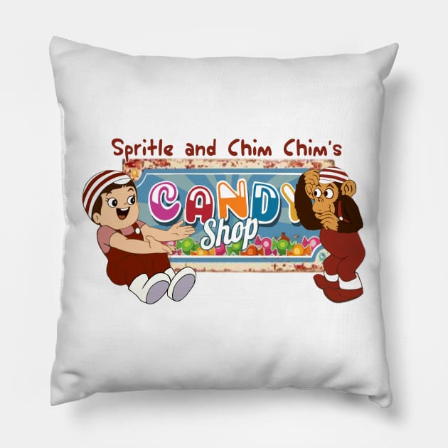 Spritle and Chim Chim's Candy Shop Pillow by DistractedGeek