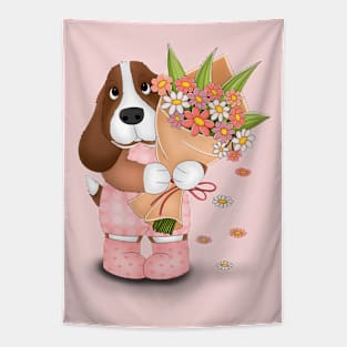 Dog brings beautiful flowers Tapestry