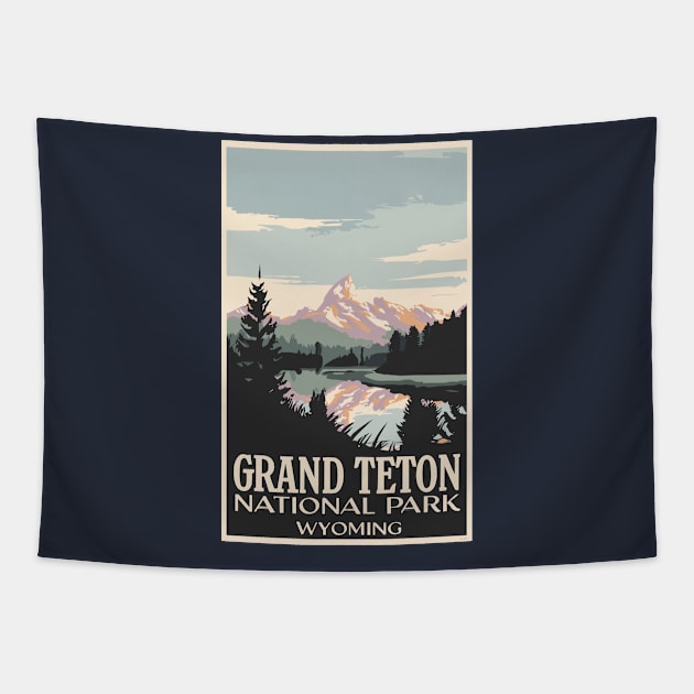 A Vintage Travel Art of the Grand Teton National Park - Wyoming - US Tapestry by goodoldvintage