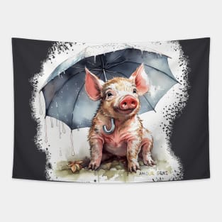 Watercolor piglet proudly standing under umbrella (´♡(oo)♡｀) Tapestry