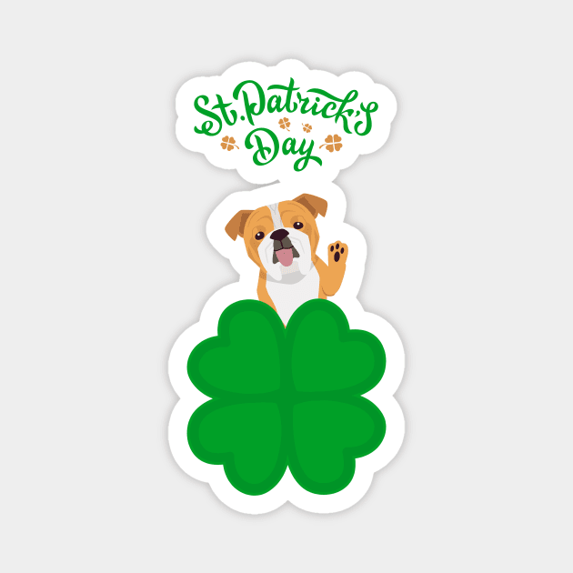 English Bulldog Dog behind Cloverleaf with St. Patrick's Day Sign Magnet by Seasonal Dogs