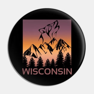 Wisconsin Sunset Wolf Howling at The Moon Trees and Mountains Pin