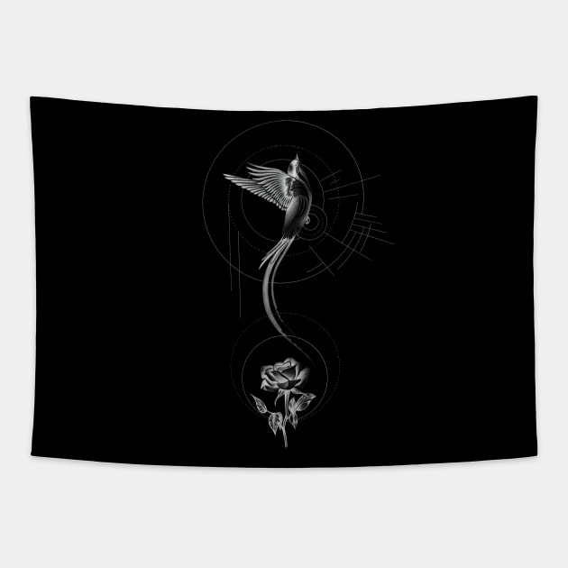 Beautiful Bird Flying with Rose and Geometrical Shapes Tapestry by Tred85