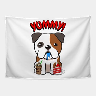 Cute english bulldog is having coffee and cake Tapestry