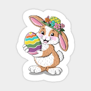 Cute bunny illustration in floral hat and big colorful egg Magnet