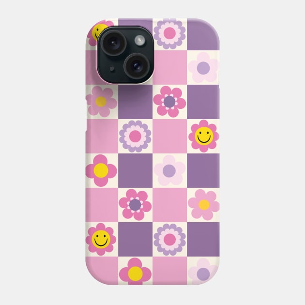 Retro Checkered Floral Pattern Pink and Purple Phone Case by Just a Cute World