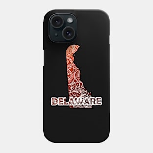 Colorful mandala art map of Delaware with text in brown and orange Phone Case