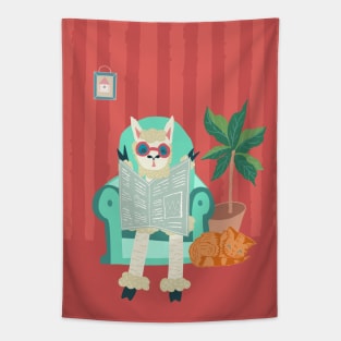 Alpaca and Cat Cosy Reading Staycation Tapestry