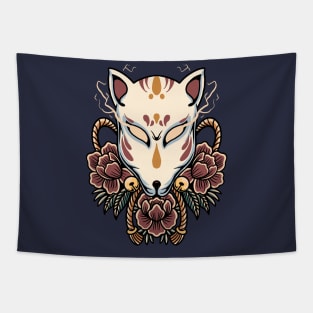 Vintage Kitsune Fox Mask with Roses Tapestry