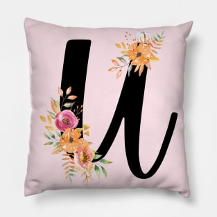 Letter U With Watercolor Floral Wreath Pillow