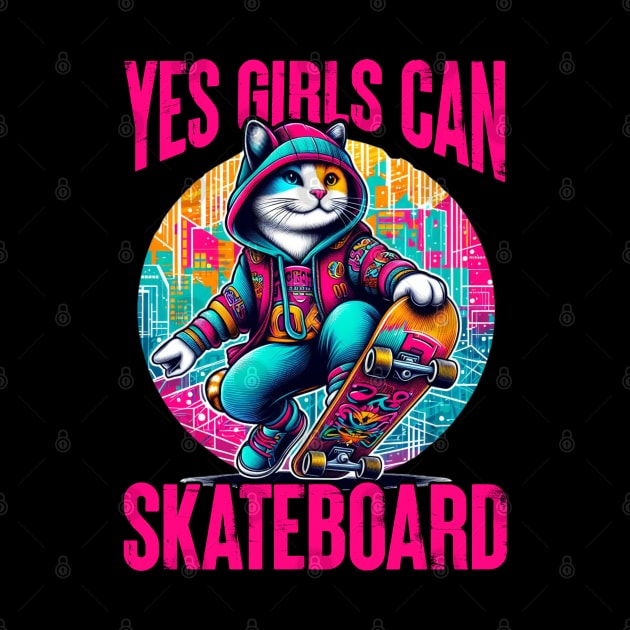 Yes Girls Can Skateboard - Cute Skateboarder Skater Cat by JJDezigns