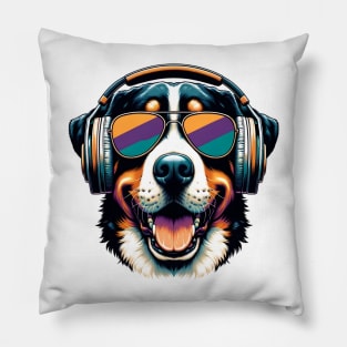 Greater Swiss Mountain Dog Smiling DJ with Euphoric Tunes Pillow