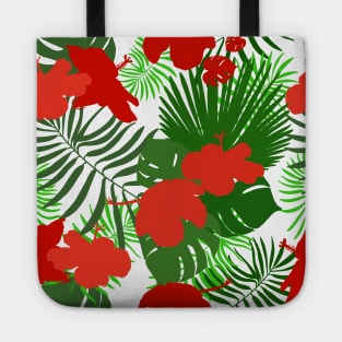 Hand drawn hibiscus, tropical leaves red and green colored seamless summer time Tote