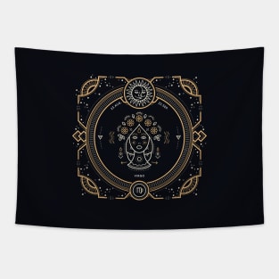 Virgo Zodiac Gold White on Black Background Tapestry