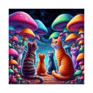 Psychodelic colorful cats with mashrooms T-Shirt