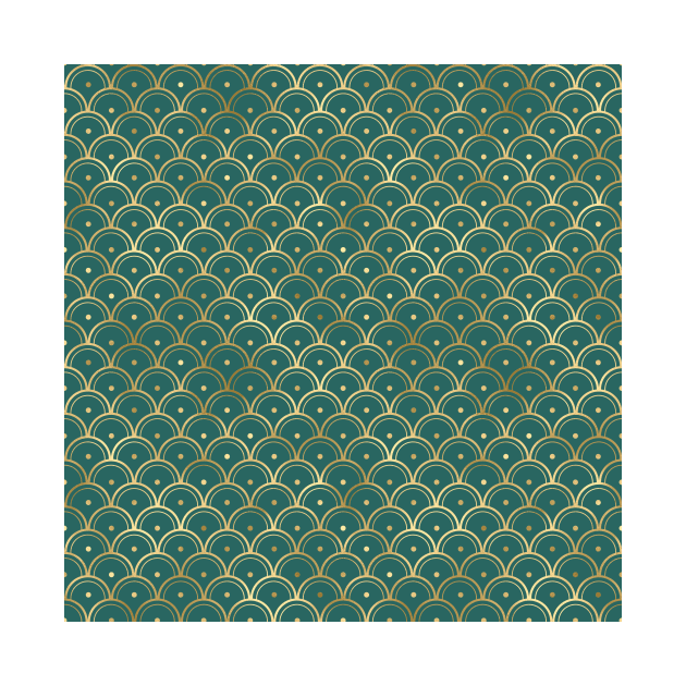 Teal and Gold Vintage Art Deco Dotted Scales Pattern by podartist