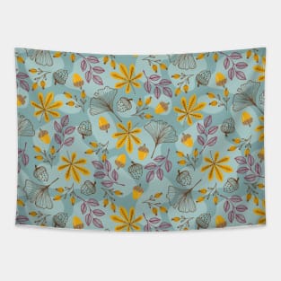 Fall Autumn Blue and Yellow Leaves Botanicals Tapestry