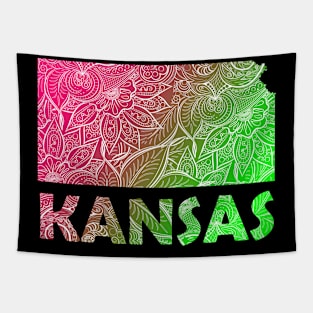 Colorful mandala art map of Kansas with text in pink and green Tapestry