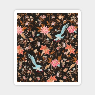 BLUE BIRDS,POMEGRANATE FLOWERS AND BUTTERFLIES Antique Red Brown Floral Pattern Magnet