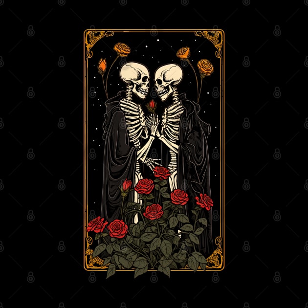 two skeletons in black robe holding each other hands by Maverick Media