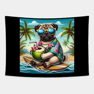 Funny Pug with Sunglasses on a Surf Board Tapestry