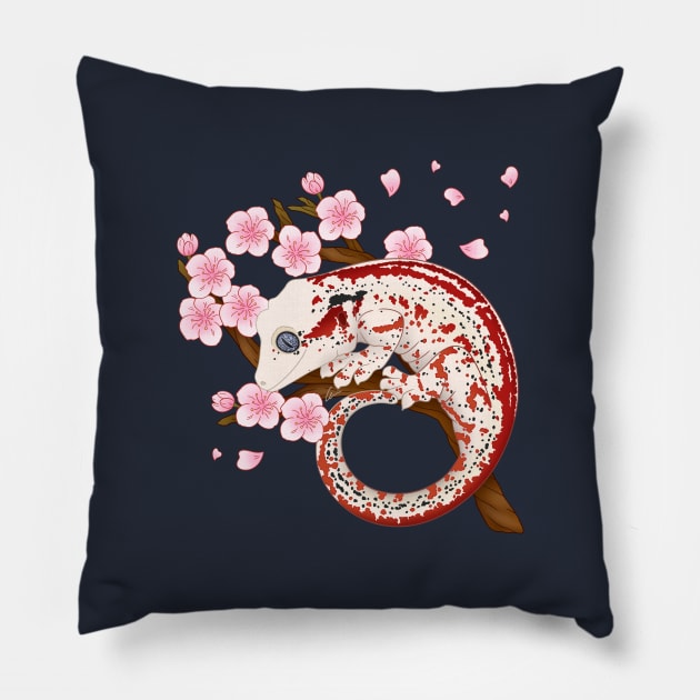 Red Stripe Gargoyle Gecko With Sakura Flowers Pillow by anacecilia