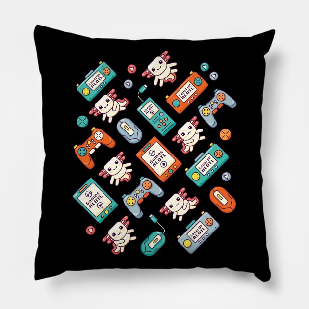 Cute Axolotls with Colorful Retro Video Game Controller Pattern Pillow by propellerhead