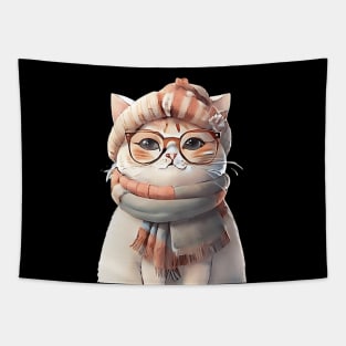 Cute Persian Cat with Glasses and Winter Clothes Tapestry