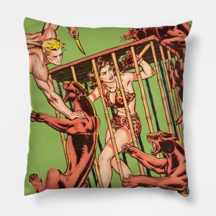 pin up girl trapped in a cage surrounded by wild jungle panthers retro vintage comic book pulp Pillow