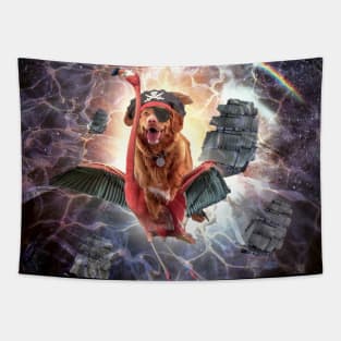 Pirate Dog Riding Flamingo In Space Tapestry