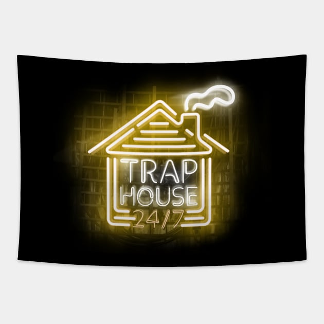 Trap House - Neon Yellow text Tapestry by wholelotofneon