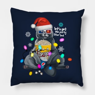 British Christmas cat movie party started(blue background) Pillow