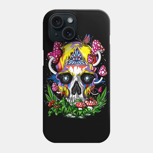 Psychedelic Magic Mushrooms Skull Phone Case by underheaven