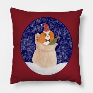 Snowy Santa Cavalier King Charles Spaniel bringing Christmas presents Pillow